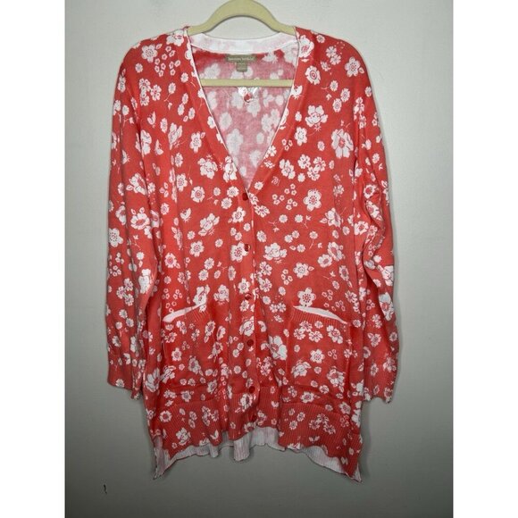 Woman Within Coral White Cardigan Sweater Button Up Pockets Knitted Size 1X NWOT - Picture 1 of 9